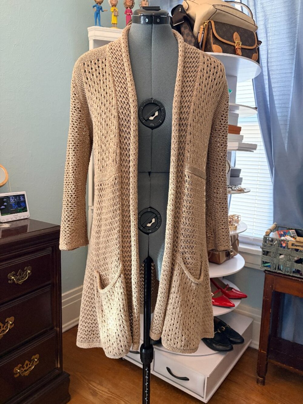 Angel of the North by Anthropologie Open Knit Cardigan Beige Cotton Blend Boho